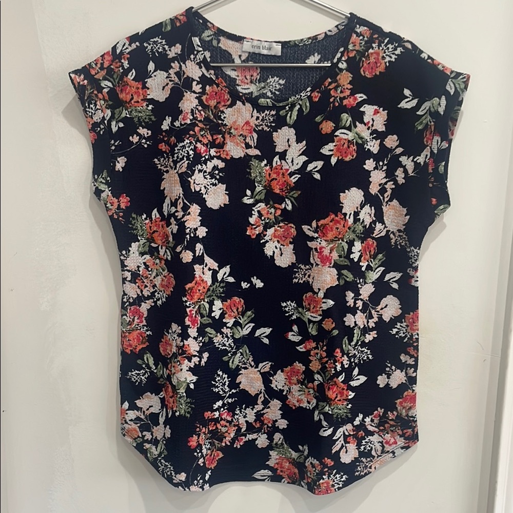 Erin Blair Navy Floral Print Blouse Top M